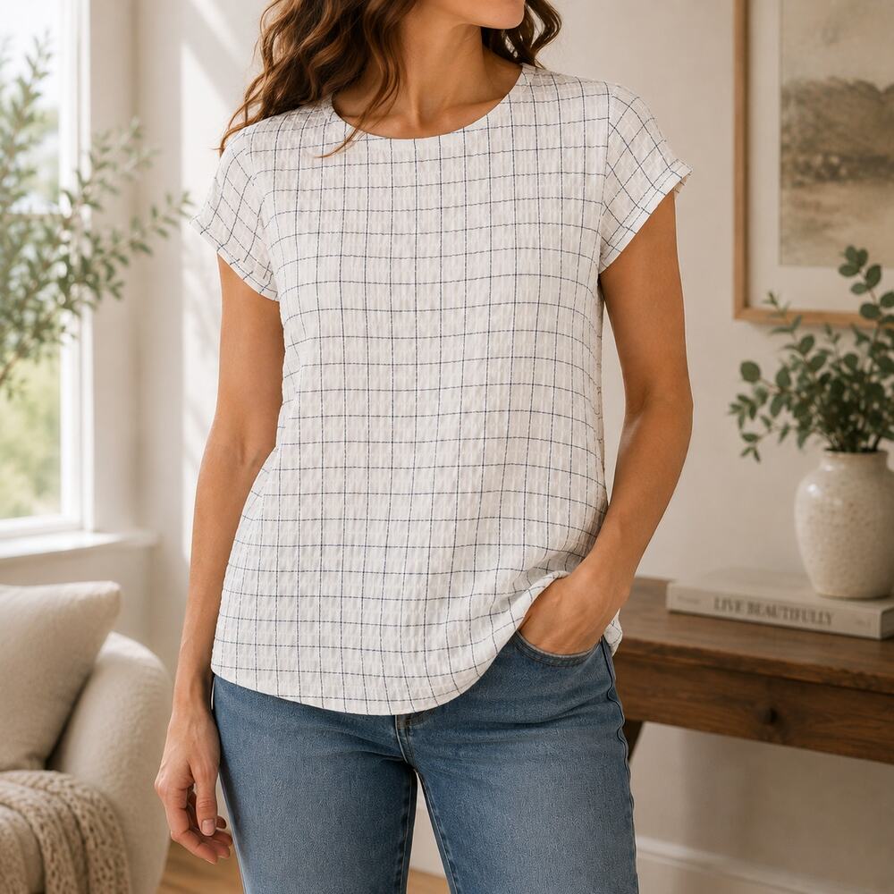 Treasure & Bond Womens Check Blouse Size XS White Navy Blue Short Sleeve Stretch